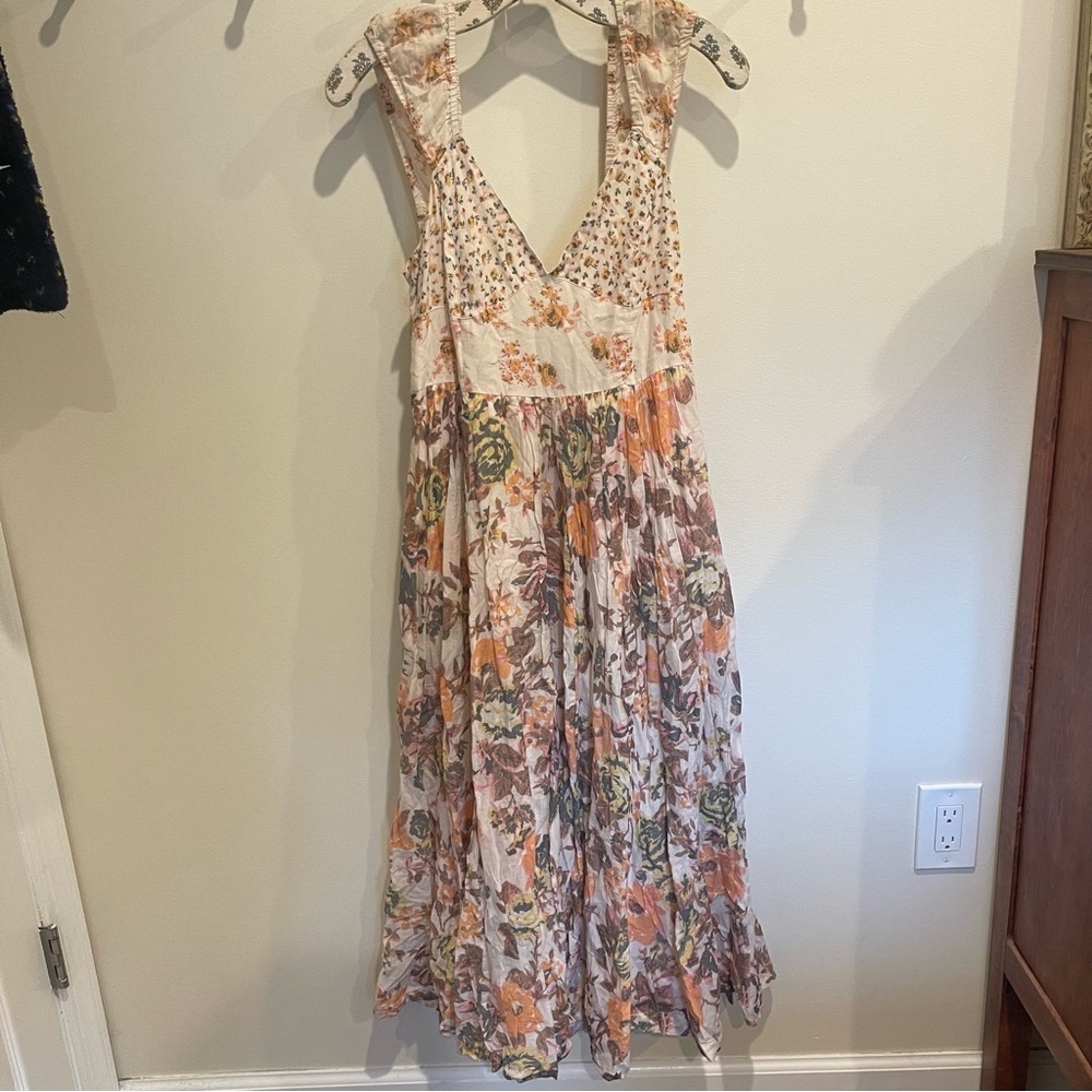 Free People Floral Maxi Dress in Cream, Orange, Green